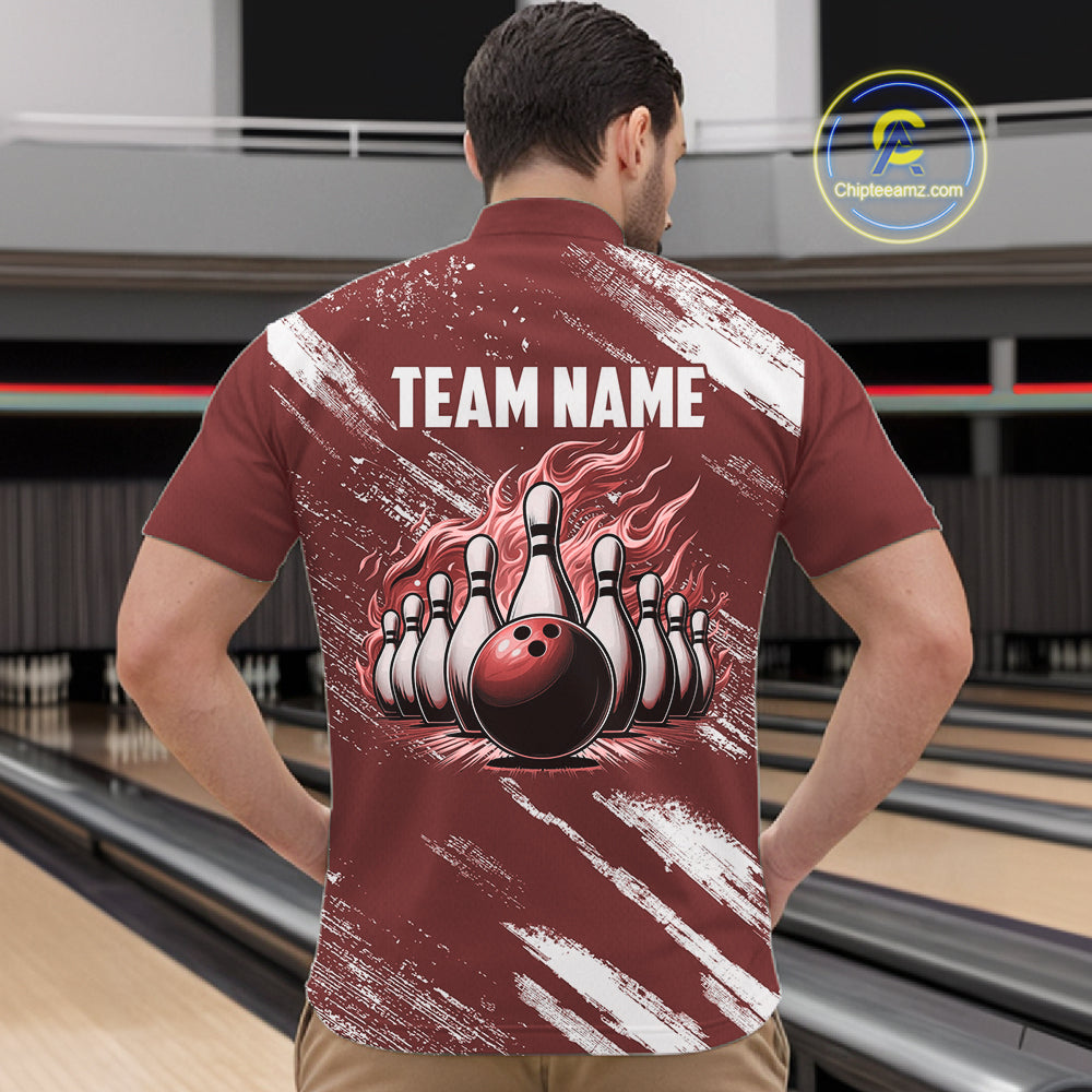 Red and White retro Argyle Flame bowling Men Polo, 1/4 Quarter Zip Shirts Custom bowling team jerseys NQS11313