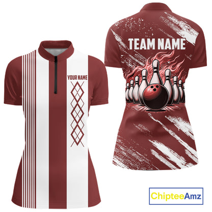Red and White retro Argyle Flame bowling Women Polo, 1/4 Quarter Zip Shirt Custom bowling team jersey NQS11313