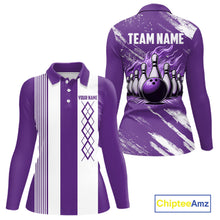 Load image into Gallery viewer, Purple &amp; White retro Argyle Flame bowling Women Polo, 1/4 Zip Shirts Custom bowling team jersey NQS11314