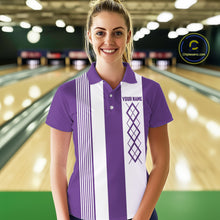 Load image into Gallery viewer, Purple &amp; White retro Argyle Flame bowling Women Polo, 1/4 Zip Shirts Custom bowling team jersey NQS11314