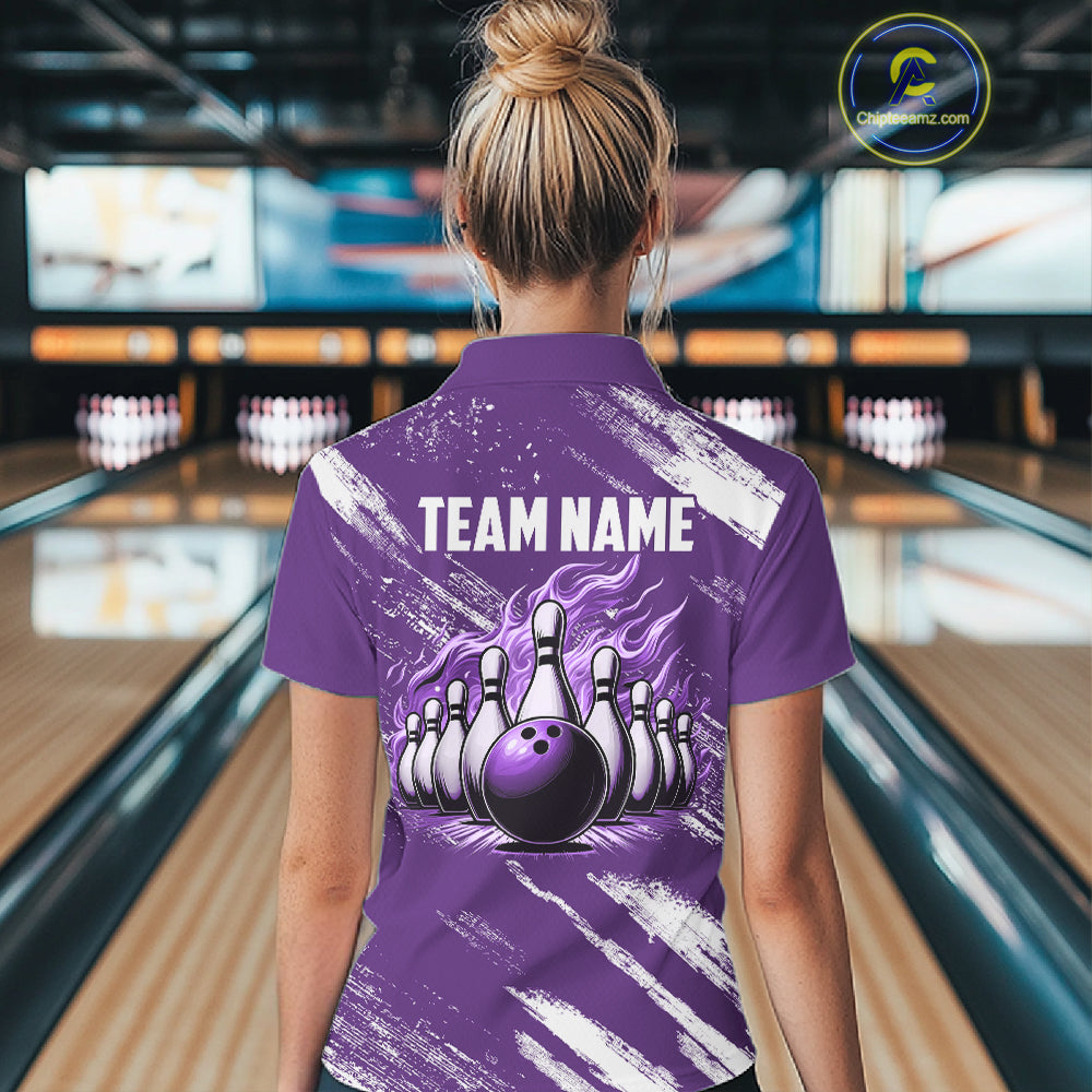 Purple & White retro Argyle Flame bowling Women Polo, 1/4 Zip Shirts Custom bowling team jersey NQS11314
