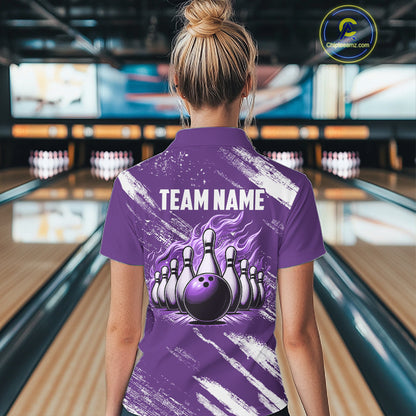 Purple & White retro Argyle Flame bowling Women Polo, 1/4 Zip Shirts Custom bowling team jersey NQS11314