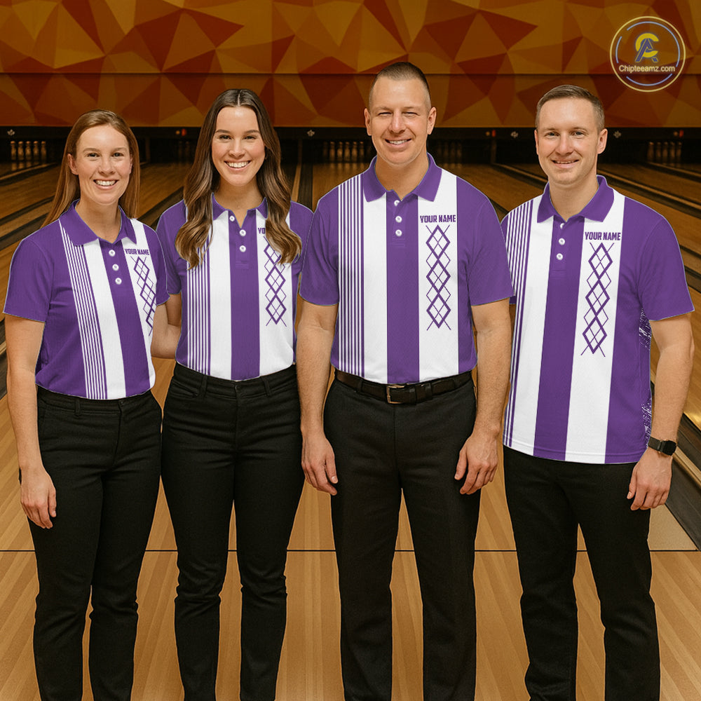Purple & White retro Argyle Flame bowling Men Polo, 1/4 Quarter Zip Shirts Custom bowling team jersey NQS11314