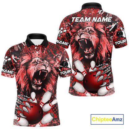 Red Camo Lion roar Bowling Polo, Quarter Zip Shirts for Men Custom Lion Bowling Team jerseys NQS11523