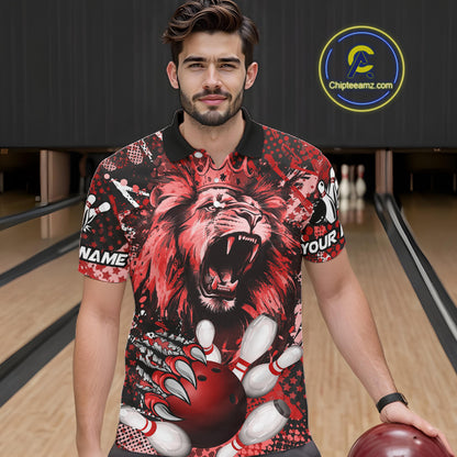 Red Camo Lion roar Bowling Polo, Quarter Zip Shirts for Men Custom Lion Bowling Team jerseys NQS11523