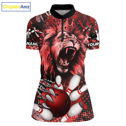 Red Camo Lion roar Bowling Polo, Quarter Zip Shirts for Women Custom Lion Bowling Team jerseys NQS11523