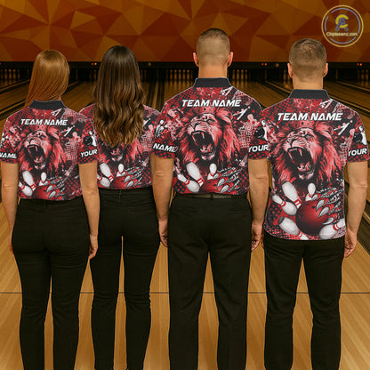 Red Camo Lion roar Bowling Polo, Quarter Zip Shirts for Women Custom Lion Bowling Team jerseys NQS11523