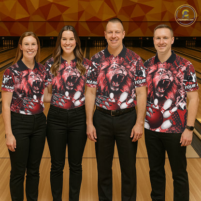 Red Camo Lion roar Bowling Polo, Quarter Zip Shirts for Women Custom Lion Bowling Team jerseys NQS11523