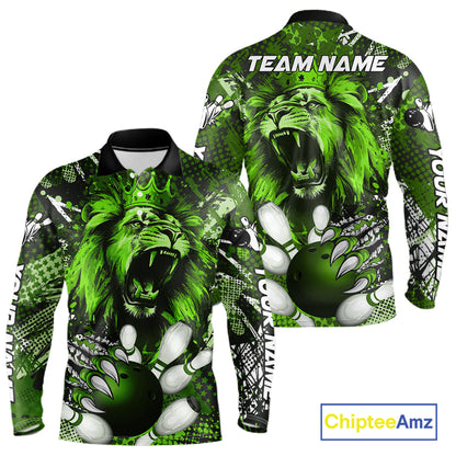 Green Camo Lion roar Bowling Polo, Quarter Zip Shirts for Men Custom Lion Bowling Team jerseys NQS11524