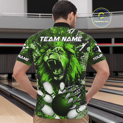 Green Camo Lion roar Bowling Polo, Quarter Zip Shirts for Men Custom Lion Bowling Team jerseys NQS11524