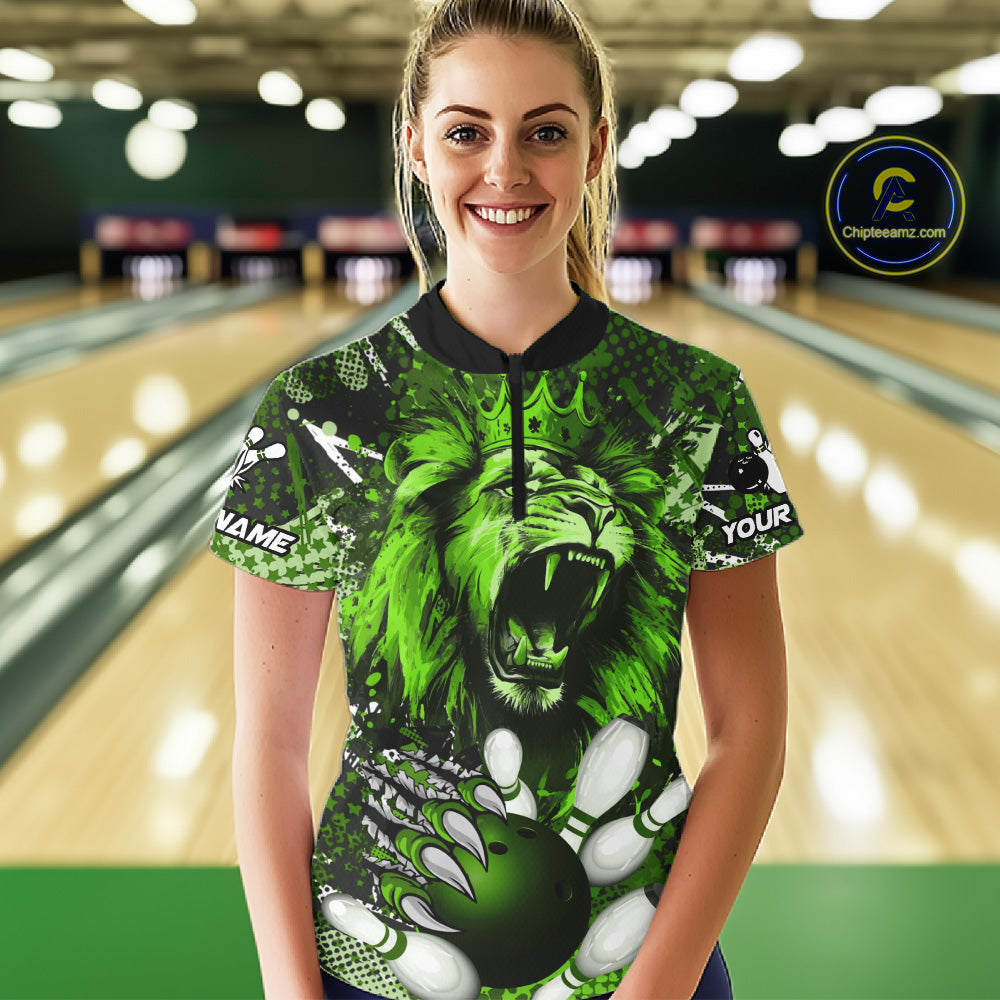 Green Camo Lion roar Bowling Polo, Quarter Zip Shirts for Women Custom Lion Bowling Team jerseys NQS11524