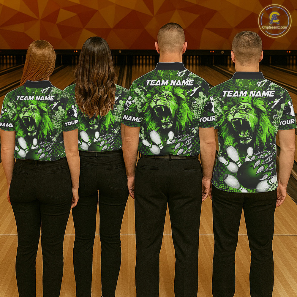 Green Camo Lion roar Bowling Polo, Quarter Zip Shirts for Men Custom Lion Bowling Team jerseys NQS11524