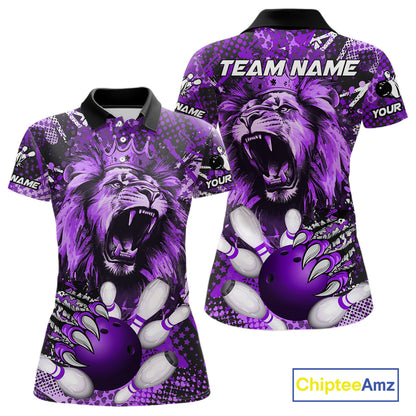 Purple Camo Lion roar Bowling Polo, Quarter Zip Shirts for Women Custom Lion Bowling Team jerseys NQS11525