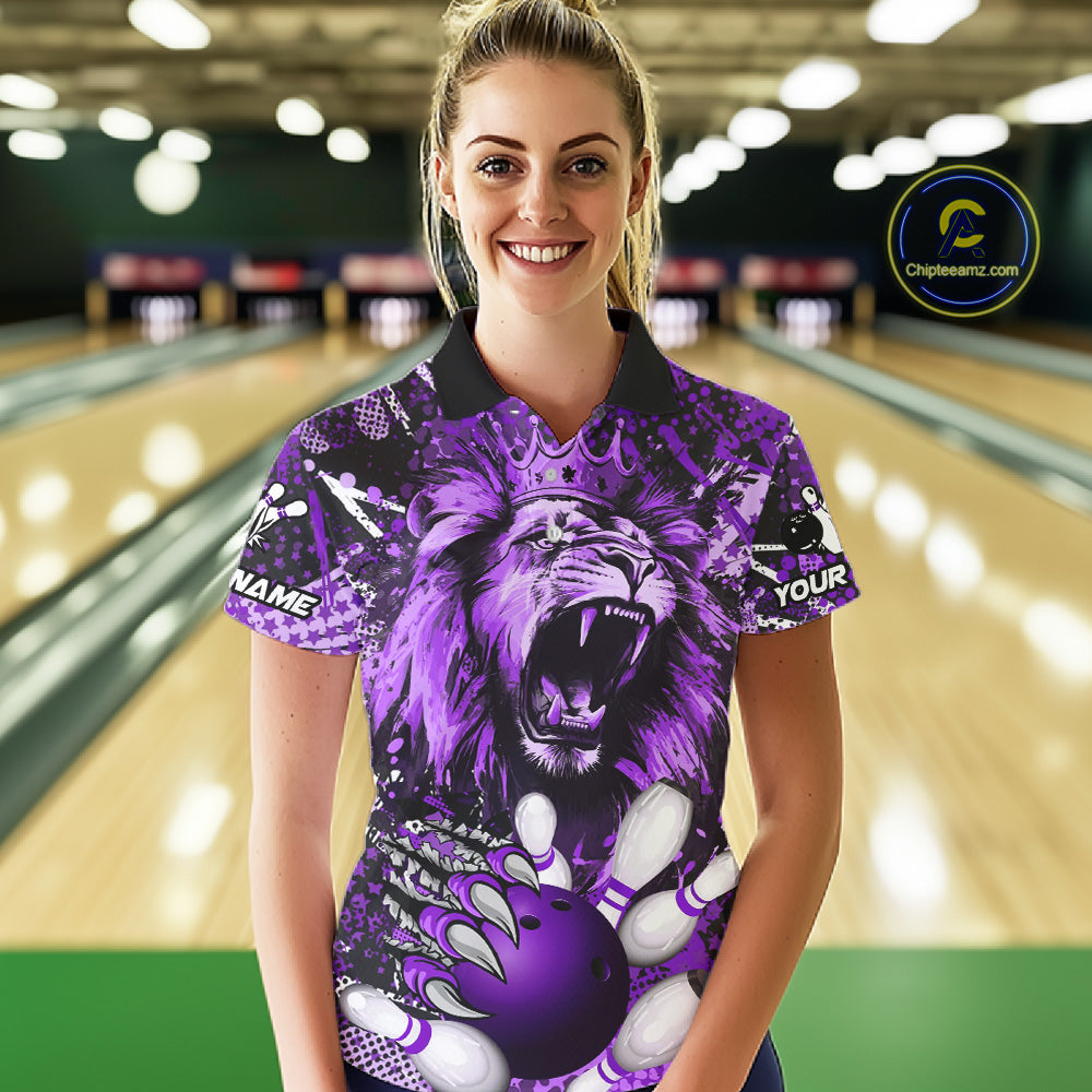 Purple Camo Lion roar Bowling Polo, Quarter Zip Shirts for Women Custom Lion Bowling Team jerseys NQS11525