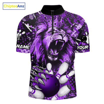 Purple Camo Lion roar Bowling Polo, Quarter Zip Shirts for Men Custom Lion Bowling Team jerseys NQS11525