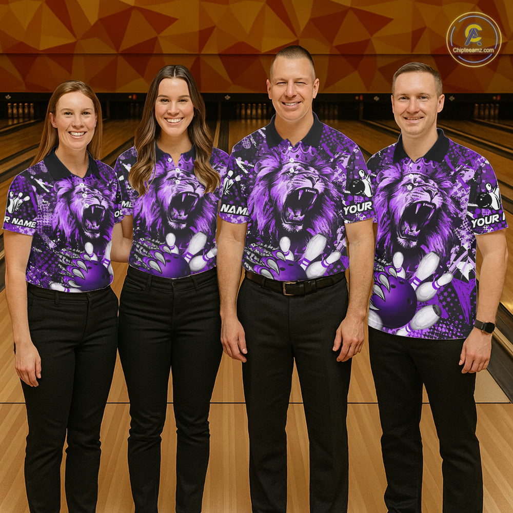Purple Camo Lion roar Bowling Polo, Quarter Zip Shirts for Men Custom Lion Bowling Team jerseys NQS11525