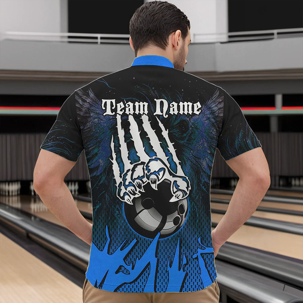 Black and Blue Lion Bowling Polo, Quarter Zip Shirts For Men Custom Team Lion Bowling Jerseys NQS9596