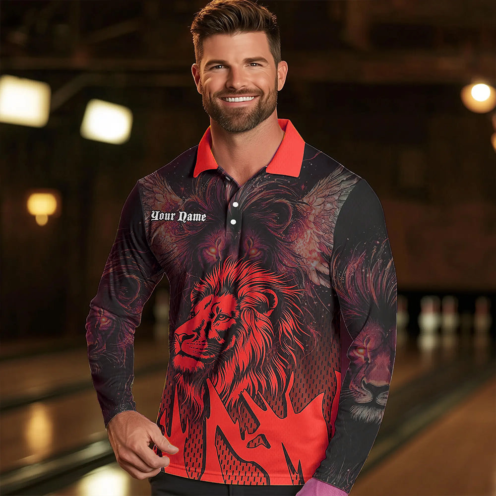 Black and Red Lion Bowling Polo, Quarter Zip Shirts For Men Custom Team Lion Bowling Jerseys NQS9598