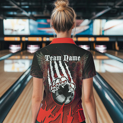 Black and Red Lion Bowling Polo, Quarter Zip Shirts For Women Custom Team Lion Bowling Jerseys NQS9598