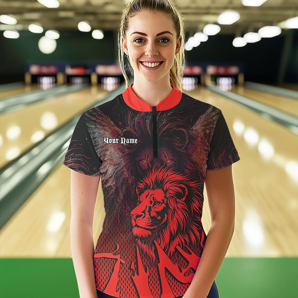 Black and Red Lion Bowling Polo, Quarter Zip Shirts For Women Custom Team Lion Bowling Jerseys NQS9598