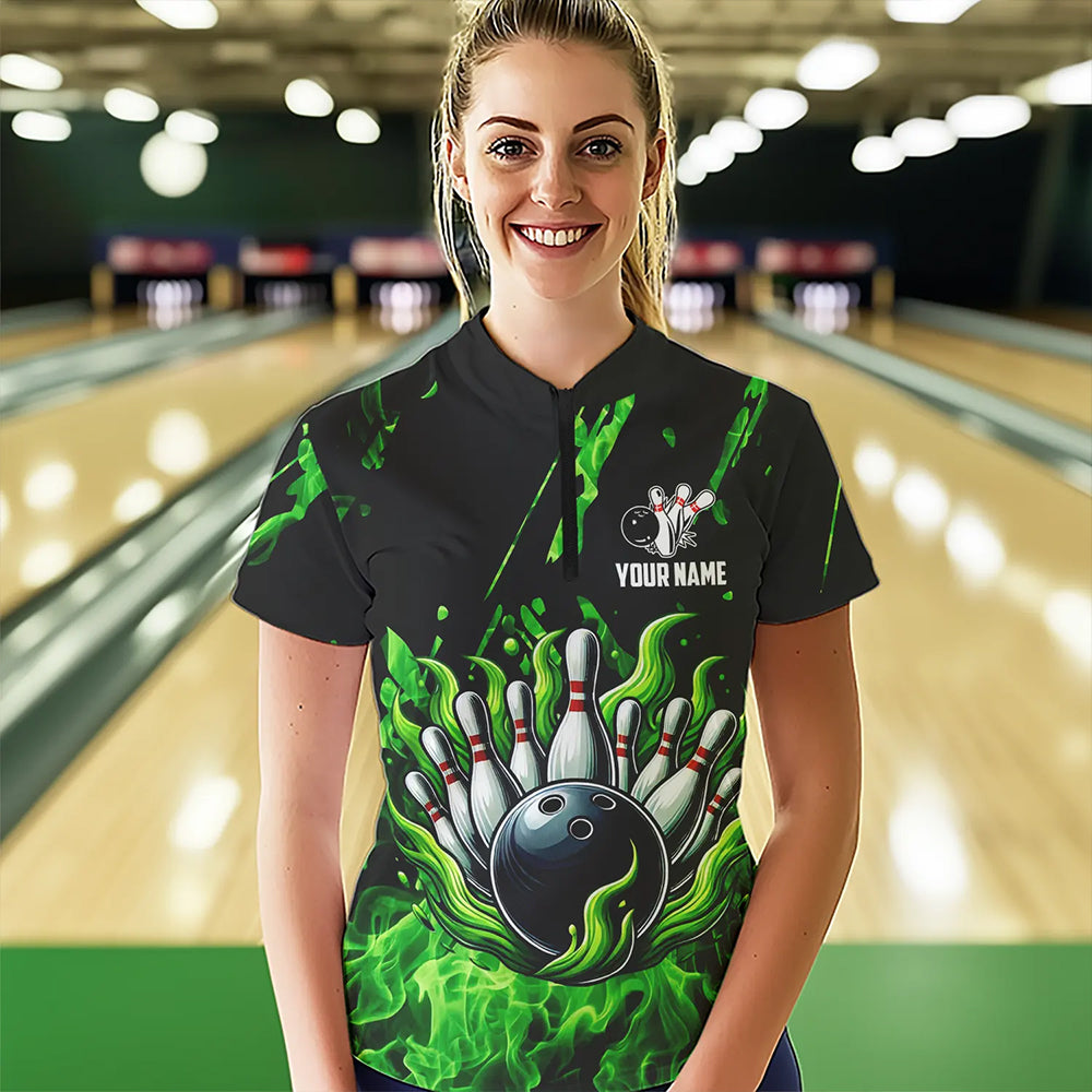 Green Flame Bowling Polo, 1/4 Zip jerseys for Women Custom Bowling Team jerseys for bowlers NQS9600