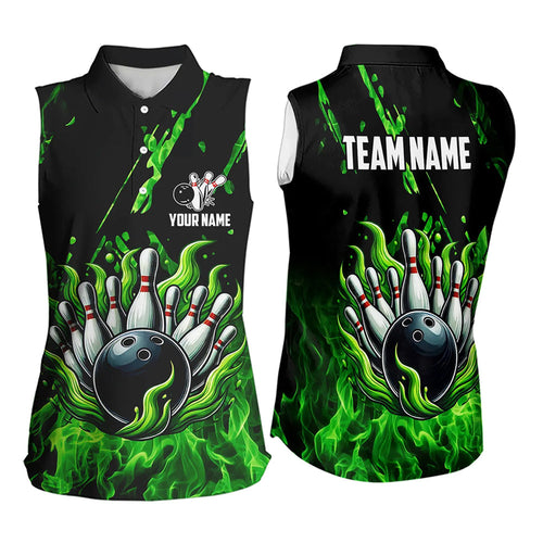 Green Flame Bowling Sleeveless Polo Shirt for Women Custom St Patrick Bowling Team jerseys for bowlers NQS9600