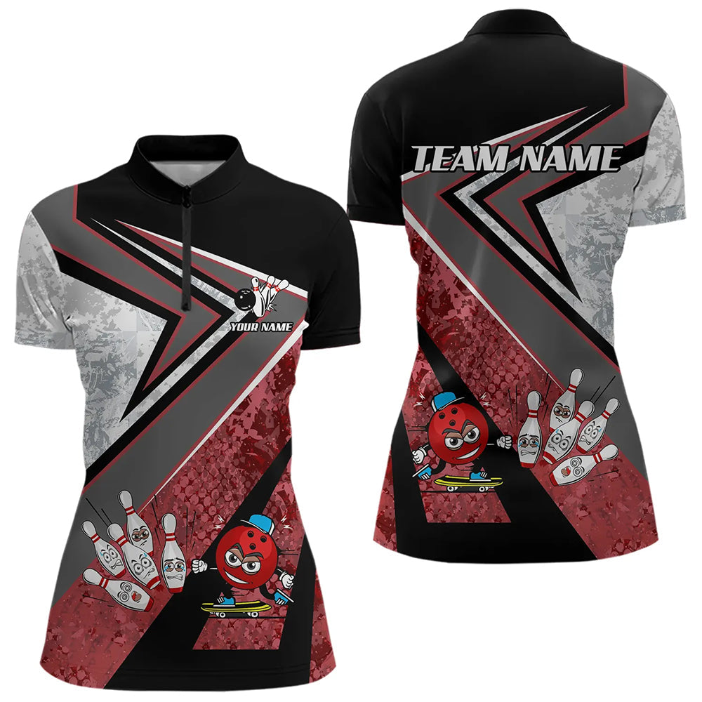 Funny Bowling ball and Pins Women bowling shirt Custom Camo Bowling Team Jersey, gift for Bowler | Red NQS9604