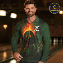 Load image into Gallery viewer, Custom Halloween Bowling Shirt For Men Green Flame Skull, personalized bowling shirts for team bowler NQS10312
