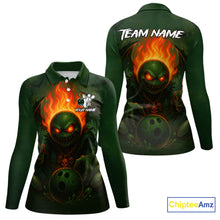 Load image into Gallery viewer, Custom Halloween Bowling Shirt For Women Green Flame Skull, personalized bowling shirts for team NQS10312