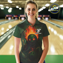 Load image into Gallery viewer, Custom Halloween Bowling Shirt For Women Green Flame Skull, personalized bowling shirts for team NQS10312