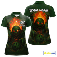 Load image into Gallery viewer, Custom Halloween Bowling Shirt For Women Green Flame Skull, personalized bowling shirts for team NQS10312