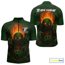 Load image into Gallery viewer, Custom Halloween Bowling Shirt For Men Green Flame Skull, personalized bowling shirts for team bowler NQS10312