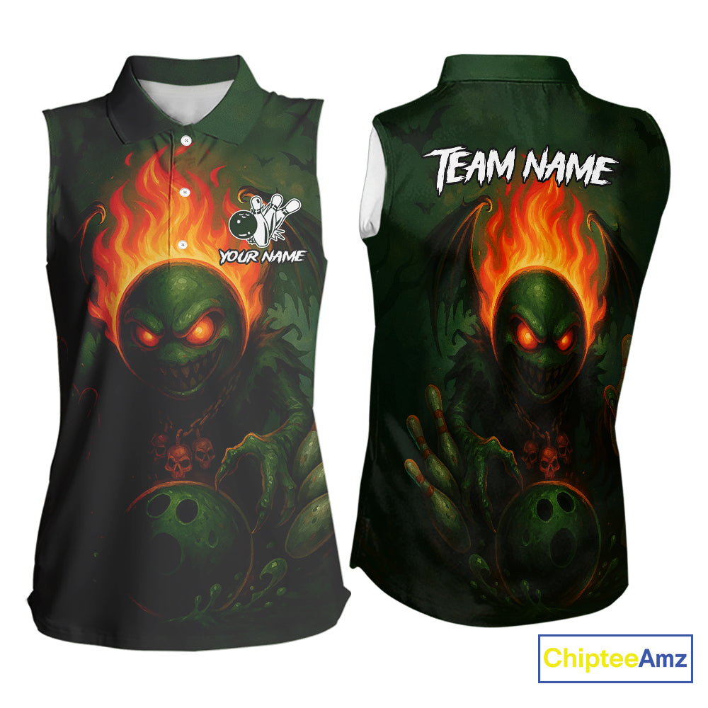 Custom Halloween Bowling Sleeveless Polo Shirt Green Flame Skull, personalized bowling shirt for team NQS10312