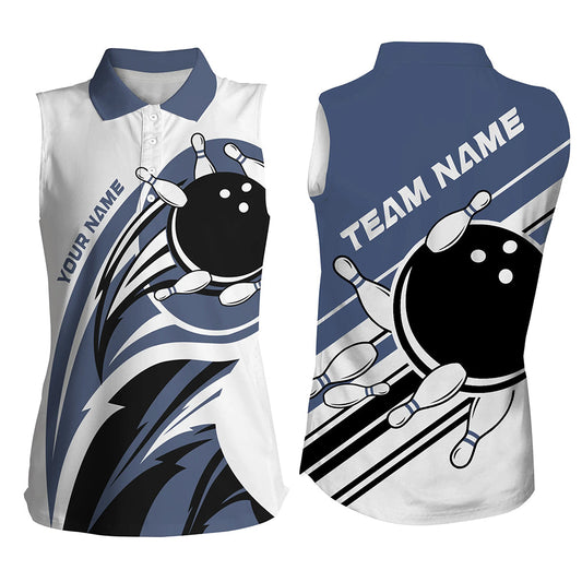 Blue and white Women sleeveless polo bowling shirt Custom Bowling Team League Jerseys, bowling outfits NQS8547
