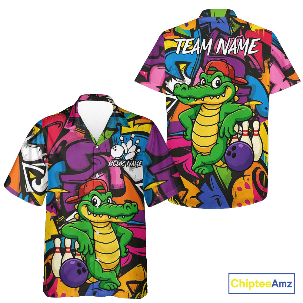 Funny Colorful Graffiti Pattern Alligator Bowling Hawaiian Shirt Custom Team bowling league jersey NQS10733