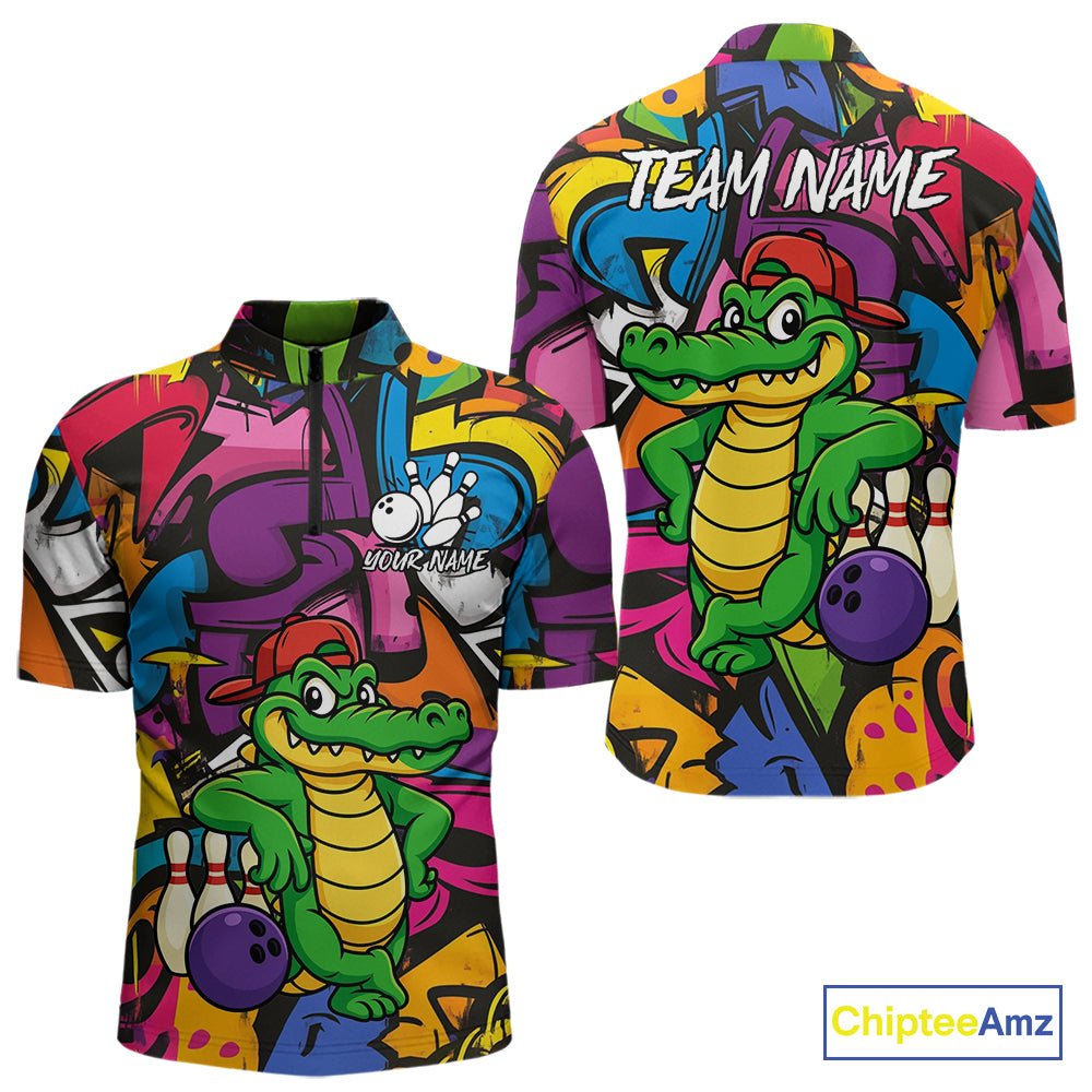 Funny Colorful Graffiti Pattern Alligator Bowling shirts for Men Custom Team bowling league jersey NQS10733