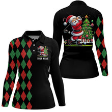 Load image into Gallery viewer, Red and Green argyle pattern black Womens golf polo shirt custom Christmas Santa golfer golf outfits NQS8786