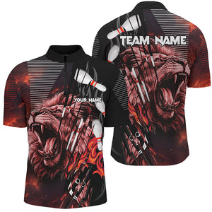 Black and Red Lion Custom Men Bowling Polo, 1/4 Zip Shirts Bowling League Shirts Team Jerseys Outfits NQS8789