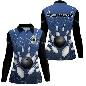 Black and Blue Grunge Lightning Thunder Women Bowling Polo, 1/4 Zip Shirt Custom Bowling Team Jersey NQS8793