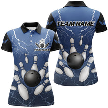 Load image into Gallery viewer, Black and Blue Grunge Lightning Thunder Women Bowling Polo, 1/4 Zip Shirt Custom Bowling Team Jersey NQS8793