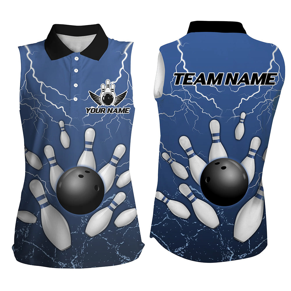 Black and Blue Grunge Lightning Thunder Bowling Sleeveless Polo Shirt Custom Bowling Team Jerseys NQS8793