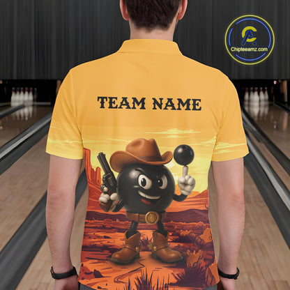 Funny Bowling Cowboy gun desert Mens Bowling Polo, 1/4 Zip Shirts Custom Funny bowling team jerseys NQS11127