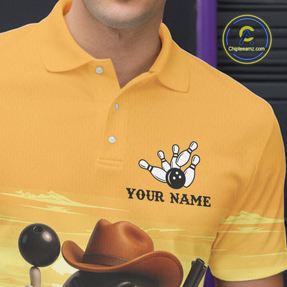 Funny Bowling Cowboy gun desert Mens Bowling Polo, 1/4 Zip Shirts Custom Funny bowling team jerseys NQS11127