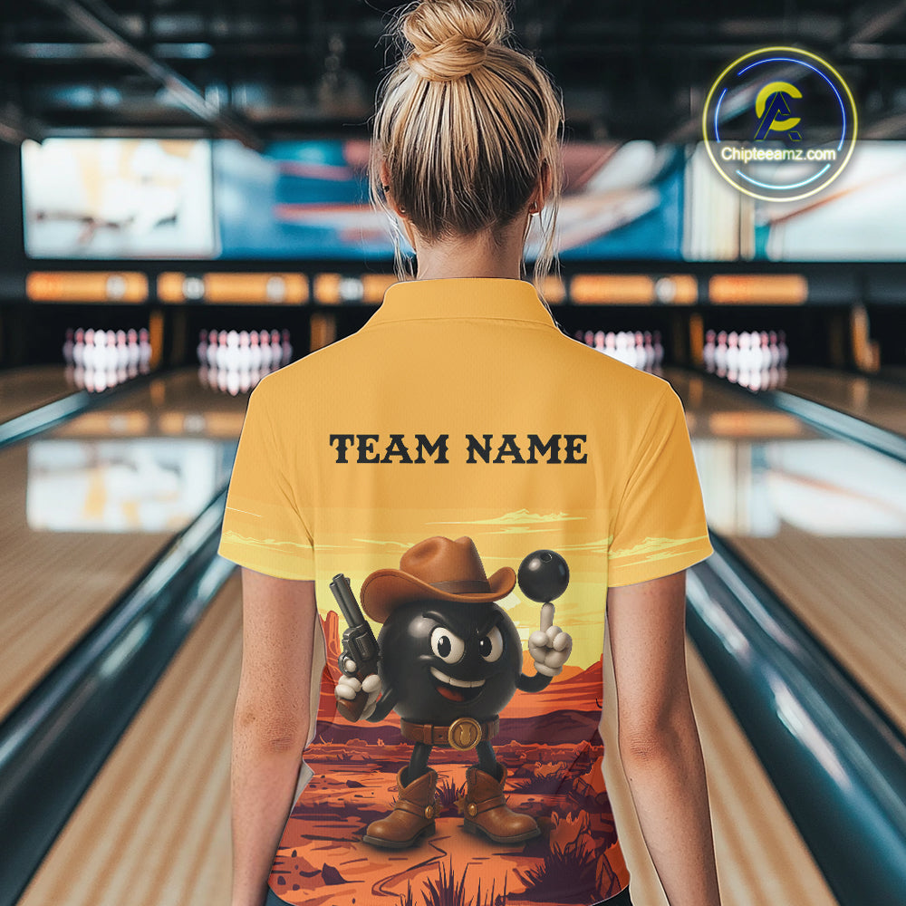 Funny Bowling Cowboy gun desert Womens Bowling Polo, 1/4 Zip Shirts Custom Funny bowling team jerseys NQS11127