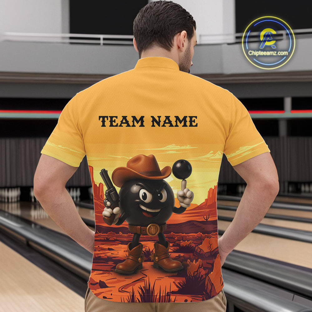 Funny Bowling Cowboy gun desert Mens Bowling Polo, 1/4 Zip Shirts Custom Funny bowling team jerseys NQS11127
