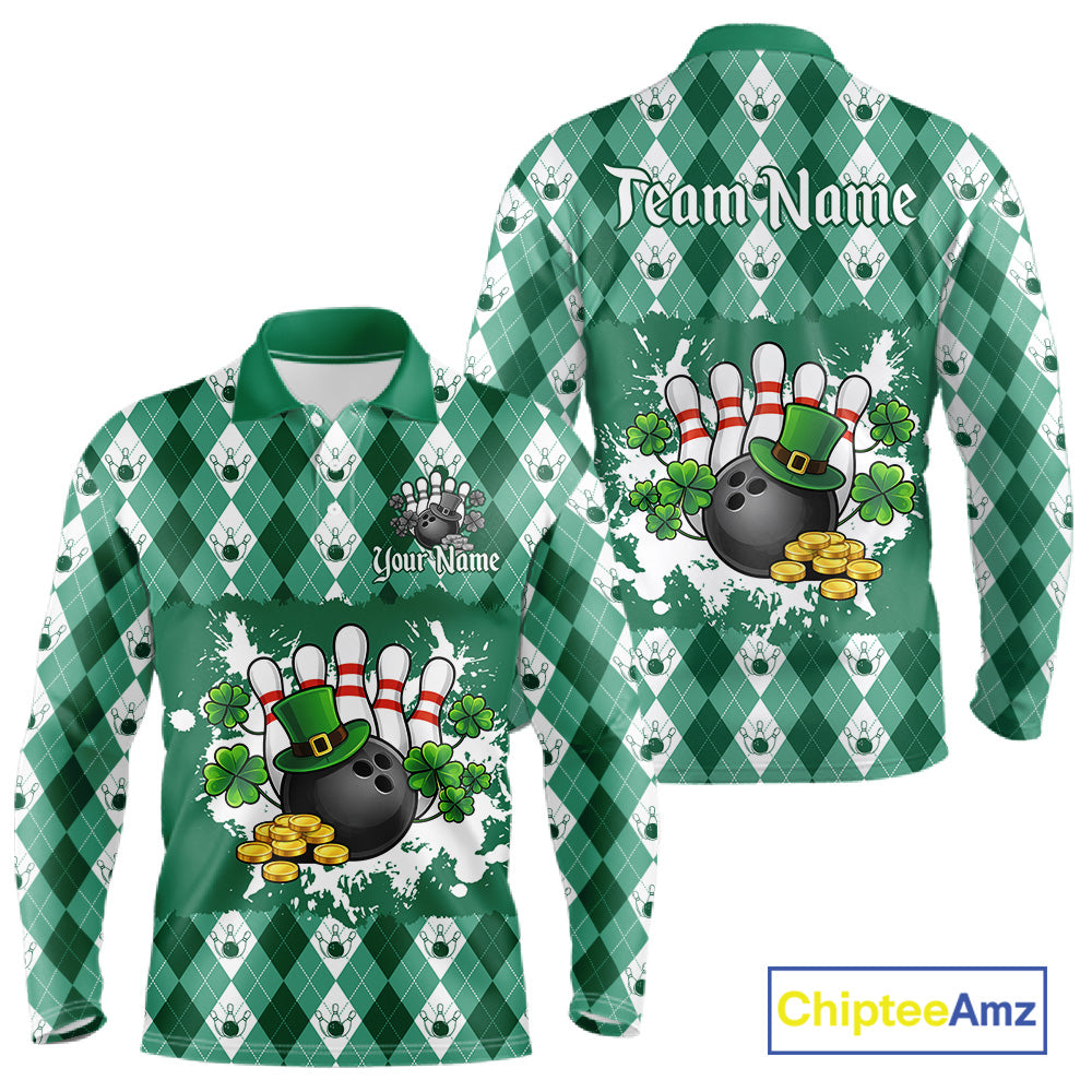 Argyle pattern St Patrick Green Bowling Polo, 1/4 zip shirts for Men Custom team bowling jerseys NQS11535