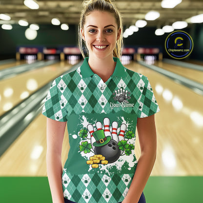 Argyle pattern St Patrick Green Bowling Polo, 1/4 zip shirts for Women Custom team bowling jerseys NQS11535