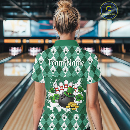 Argyle pattern St Patrick Green Bowling Polo, 1/4 zip shirts for Women Custom team bowling jerseys NQS11535
