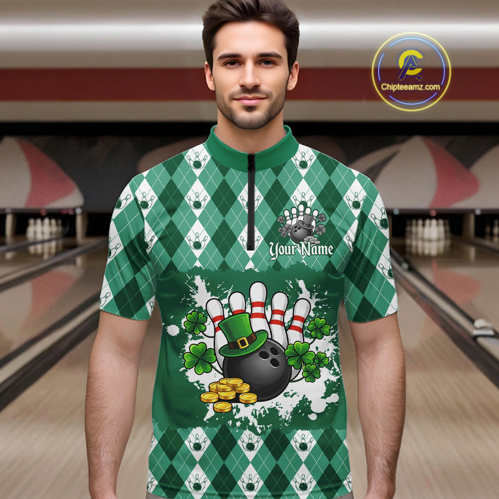 Argyle pattern St Patrick Green Bowling Polo, 1/4 zip shirts for Men Custom team bowling jerseys NQS11535