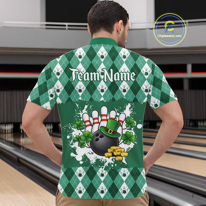 Argyle pattern St Patrick Green Bowling Polo, 1/4 zip shirts for Men Custom team bowling jerseys NQS11535